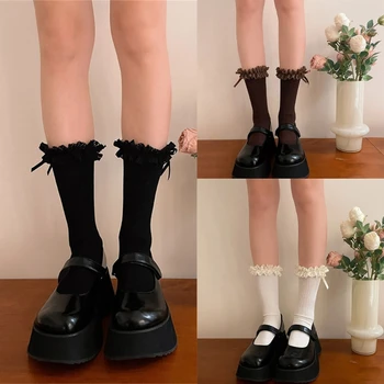 1 пара женских носков с оборками, женские носки до щиколоток с кружевным верхом, хлопковые носки с оборками и бабочками, Носки в стиле принцессы, 37JB
