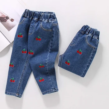 DIIMUU/ Модная джинсовая одежда для девочек, детские джинсовые брюки, Длинные брюки с эластичной резинкой на талии для девочек, повседневные штаны с принтом