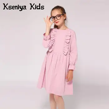 Kseniya Kids Весенне-осеннее розовое платье с оборками и длинным рукавом для девочек, свободное хлопковое платье от 2 до 9 лет