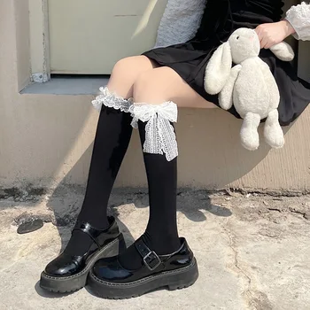 Lady JK Длинные носки до колена с кружевным бантом в японском готическом стиле, нижнее белье, женские милые однотонные Белые Черные чулки для девочек с оборками в стиле Лолиты