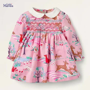 Little maven 2023, осенняя повседневная одежда для маленьких девочек, хлопковое платье с длинными рукавами и животными с рождественским оленем для детей 2-8 лет