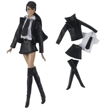 NK 1 комплект, Благородное черное кожаное пальто, юбка, Обувь, Модная Белая рубашка, дизайн подвала для Барби, Аксессуары, Подарок для куклы для девочек