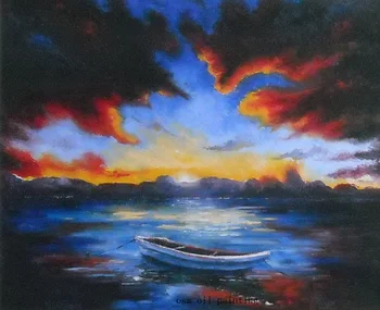 Абстрактный морской пейзаж ручной работы с наступлением темноты и Лодкой на озере, картина маслом на холсте, Настенные рисунки каллиграфией для украшения