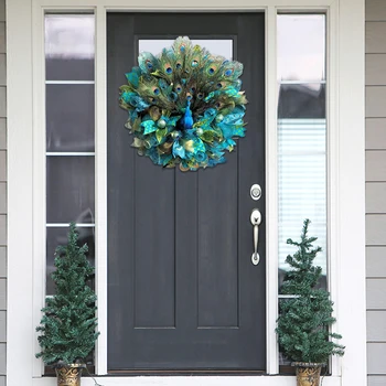 Венок у входной двери с рисунком павлина, красивая синяя гирлянда для украшения входной двери на свадьбу