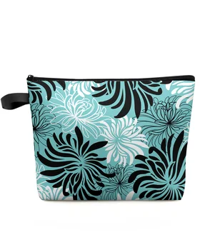 Водно-зеленая хризантема, Черно-белая косметичка в стиле ретро на заказ, Портативная сумка для хранения макияжа, женский водонепроницаемый пенал