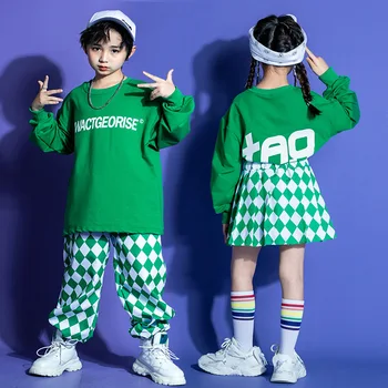 Детская одежда в стиле хип-хоп, толстовка с зеленой надписью, клетчатые брюки для уличных пробежек, плиссированная юбка для девочек и мальчиков, джазовый танцевальный костюм, Одежда