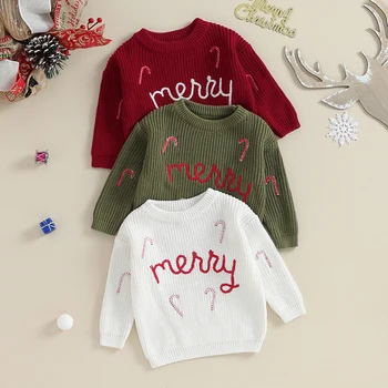 Детские Рождественские свитера, милый вязаный пуловер с вышивкой из конфетного тростника с длинным рукавом, топы для младенцев