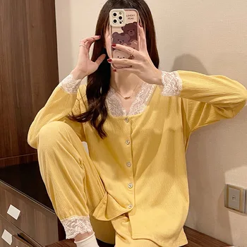 Женская желтая хлопковая кружевная пижама, комплект со штанами с длинным рукавом, Мягкая домашняя одежда, пижамы на пуговицах, пижамы для отдыха