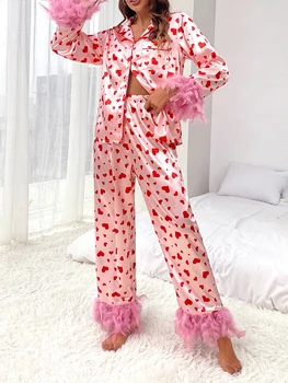 Женские атласные пижамные комплекты с отделкой из перьев, рубашка с длинным рукавом и брюками на пуговицах, пижама для отдыха из 2 предметов