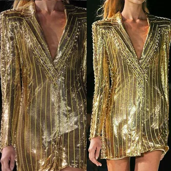 Женское платье с золотыми блестками, блейзер, приталенные блестящие пальто, офисные элегантные женские пальто для выпускного вечера, клубная одежда, пальто