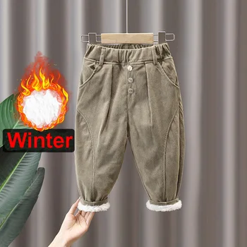 Зимние теплые брюки для мальчиков, брюки с эластичной резинкой на талии для детей 2-7 лет, плюс бархатные детские брюки, повседневные вельветовые утепленные брюки