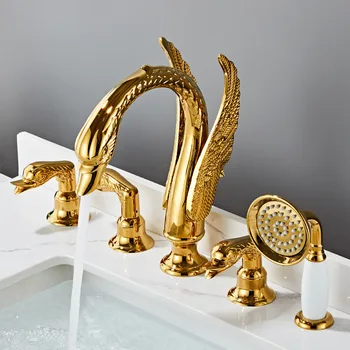 Золотой лебедь, набор из пяти частей, медный смеситель для ванны с раздельным холодным тропическим душем, сидение на краю ванны с пятью отверстиями, инструменты для чистки gardena