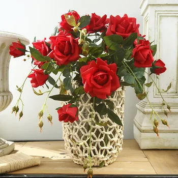 Искусственная красная роза с длинным вьющимся стеблем, Шелковый цветок, Свадебный фестиваль, Цветочный декор для дома, гостиной, обеденного стола, по-настоящему трогают розы В декоре