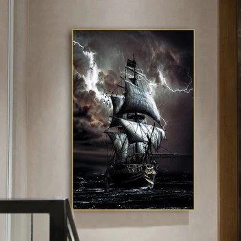 Картина с пиратским кораблем, Черный Винтажный парусник и молния на море, холст, плакаты и принты, украшение гостиной