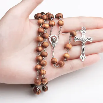 Католические деревянные бусины, ожерелье с четками, крест Иисуса Христа, Девы Марии, Длинное религиозное ожерелье, украшение