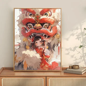 Китайский стиль Танец Льва Художественная роспись Гостиной Фреска Плакат Украшение стен Живопись Украшение дома