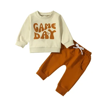 Комплект брюк для маленьких мальчиков, повседневная толстовка с буквенным принтом для новорожденных и штаны на завязках, костюмы для младенцев из 2 предметов