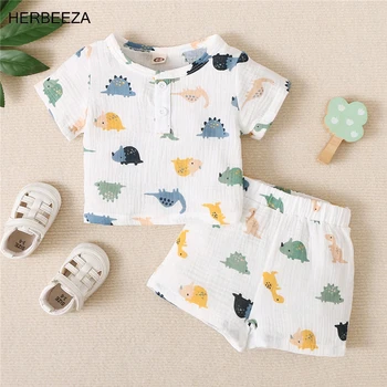 Комплект детской одежды для новорожденного мальчика, комбинезон, мультяшный детский комбинезон, Летний комбинезон с принтом динозавра для малышей, одежда для мальчиков, 2 шт
