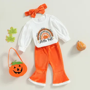 Комплекты брюк для маленьких девочек на Хэллоуин, осенняя одежда, боди с длинными рукавами и расклешенными штанами в виде тыквы, повязка на голову, детские вещи