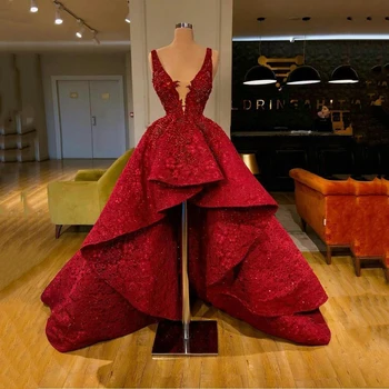 Красное платье для выпускного вечера с глубоким V-образным вырезом, расшитое кружевами, расшитое блестками Платье знаменитости, халат для официальной вечеринки, вечернее платье