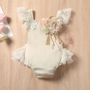 Кружевной комбинезон для новорожденных девочек 0-18 месяцев, без рукавов, С квадратным вырезом, Кружевной подол, Однотонный Боди с цветочным швом, Летняя Одежда