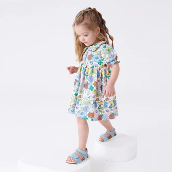 Летняя новая европейская и американская детская одежда с мультяшными цветами и животными, хлопковое милое платье для девочек с воротником-поло