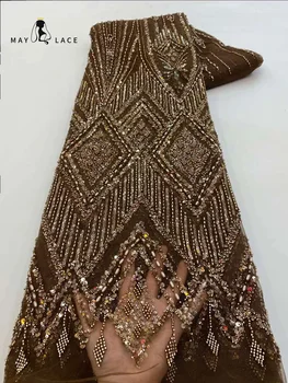 Майское кружево, Африканская кружевная ткань для жениха из французского бисера 2023, высококачественная вышивка, роскошная свадебная кружевная ткань с блестками для нигерийского платья