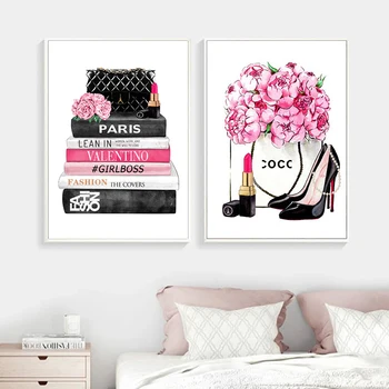 Модные принты на стенах журналов, высокие каблуки и губная помада, современный постер с изображением розового цветка, картина на холсте, домашний декор комнаты для девочек