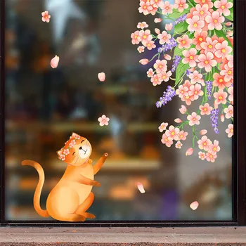 Наклейка на стену с изображением кошки в виде цветка, наклейка на стену для украшения стеклянной комнаты