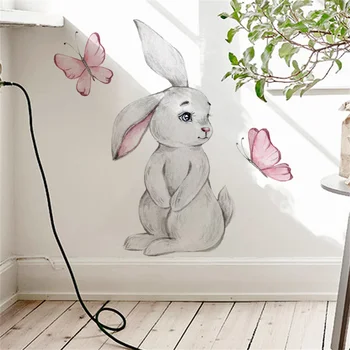 Наклейки на стены детской с милым кроликом и бабочкой, водонепроницаемые виниловые самоклеящиеся съемные обои для спальни маленьких мальчиков и девочек