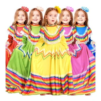 Новый костюм на Хэллоуин, детская танцевальная одежда для выступлений, специальное длинное платье в мексиканском этническом стиле для девочек