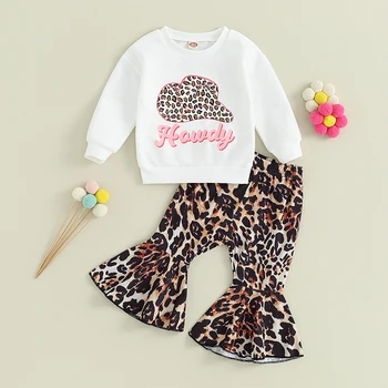 Одежда в западном стиле для маленьких девочек, футболка с коротким рукавом и эластичными расклешенными штанами с буквенным принтом, летние милые наряды из 2 предметов