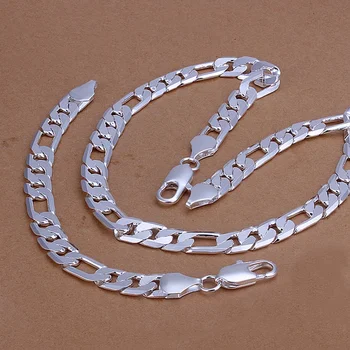 оптовая продажа высококачественного европейского стиля ретро для мужчин, цепочка Фигаро 12 мм, модное ожерелье серебряного цвета, браслеты, набор украшений