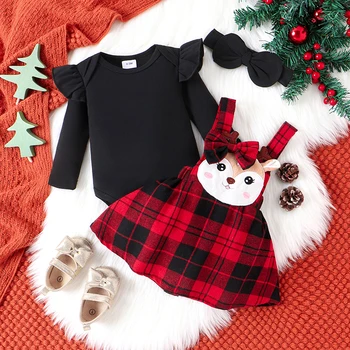 Осенне-зимний наряд для маленькой девочки, комбинезон с длинными рукавами и рюшами, клетчатая юбка на подтяжках с вышивкой Лося, рождественский комплект из 3 предметов