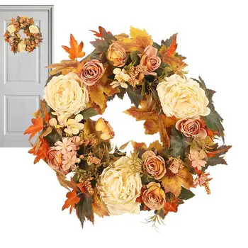 Осенние венки для входной двери, Искусственный осенний венок, украшения, 15,75-дюймовый цветочный венок с листьями клена, Венок для сбора пионов