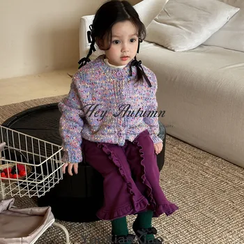 Осень 2023, Новый фиолетовый свитер для девочек, пальто, Милые Корейские брюки, комплект детской одежды для девочек