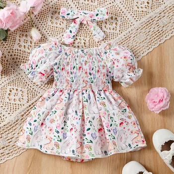 Пасхальный наряд для маленькой девочки, платье-ползунки с короткими рукавами и бантиком-кроликом, пасхальная одежда с рюшами и повязкой на голову, Пасхальная одежда