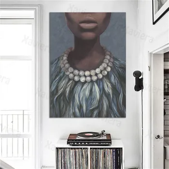 Плакат в скандинавском стиле в стиле ретро, Чернокожая женщина, жемчужное ожерелье, холст с пером, стены комнаты для девочек, абстрактные картины, принты для домашнего декора