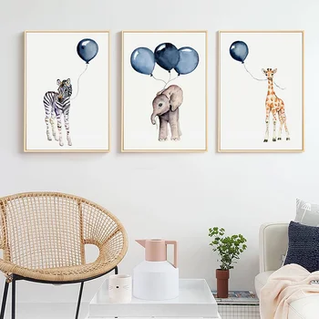 Плакаты для декора детской комнаты, Зебра, Жираф, Воздушный шар, животные, картина на холсте, Скандинавский мультфильм, настенное искусство для гостиной