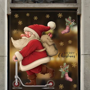 Рождественские наклейки на окна, мультяшный скейтборд, Санта-Клаус, декор Стеклянной стены в виде снежинки, Рождественский декор, Счастливый Новый год