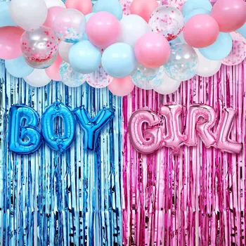 Розовый и синий цвета Раскрывают пол, украшения для вечеринки, Гирлянда из воздушных шаров, Фольгированные шары для мальчиков и девочек, шторы с бахромой из фольги, фон для вечеринки