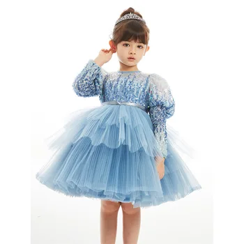 Роскошные платья принцессы для девочек синего цвета с блестками, детский костюм на Рождество и Хэллоуин, тюлевое вечернее платье с пышными рукавами, косплей для детей