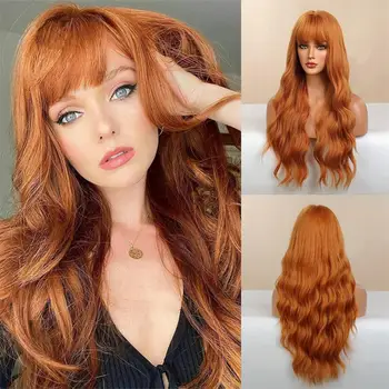 Синтетический парик с крупной волной, женская оранжевая пушистая челка, натуральные длинные вьющиеся волосы для придания формы лицу, головной убор из химического волокна