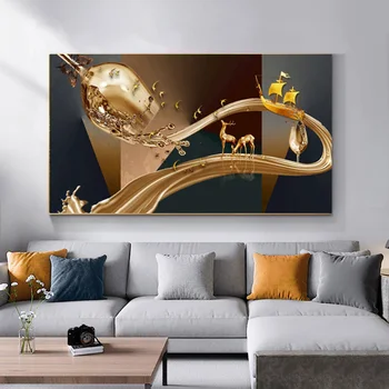 Скандинавский современный легкий роскошный креативный художественный бокал для вина с изображением золотого лося, печать на холсте с плавным парусом украшает стены комнаты