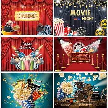 Украшение фона для ночной киносъемки Баннер для тематической вечеринки в кинотеатре Голливуд, Красные шторы, винтажный фотофон для реквизита для фотосъемки