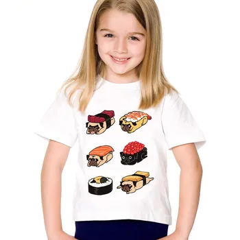 Футболка с рисунком каваи и графическим принтом, одежда для маленьких девочек, футболка с суши-собакой, Детские забавные футболки, детская футболка с ленивым Мопсом для мальчиков