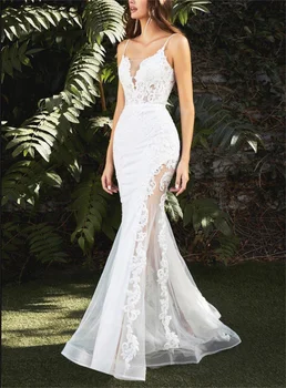Элегантное белое свадебное платье Русалки 2024, кружевное тюлевое прозрачное свадебное платье с открытой спиной, плиссированный вестибюль De Novia