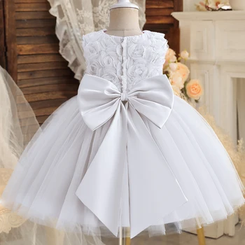 Элегантное платье для маленьких девочек, тюлевое платье принцессы с цветочным рисунком для новорожденных, белое вечернее платье на 1-й день рождения, крещение