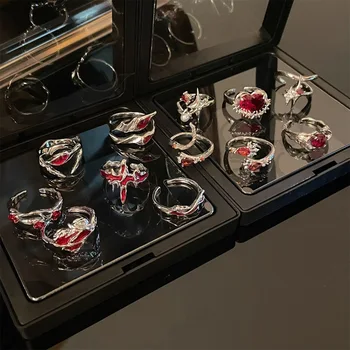 Эстетичные кольца с сердечками из красного хрусталя неправильной формы для женщин Y2K, кольцо с пауком в готическом стиле, креативные ювелирные аксессуары в стиле гранж